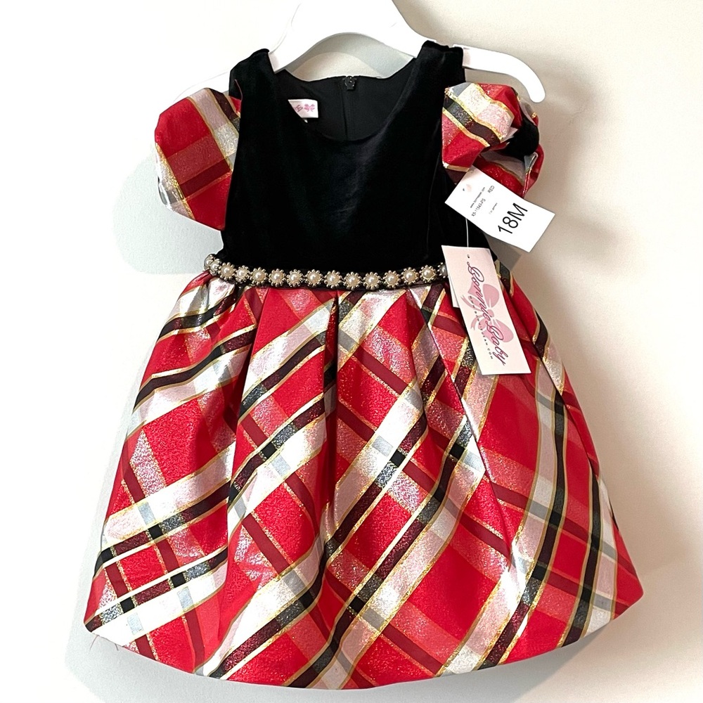 NEW Bonnie Baby Size 18M Girls Stretch Red Velvet Taffeta Plaid Dress Christmas